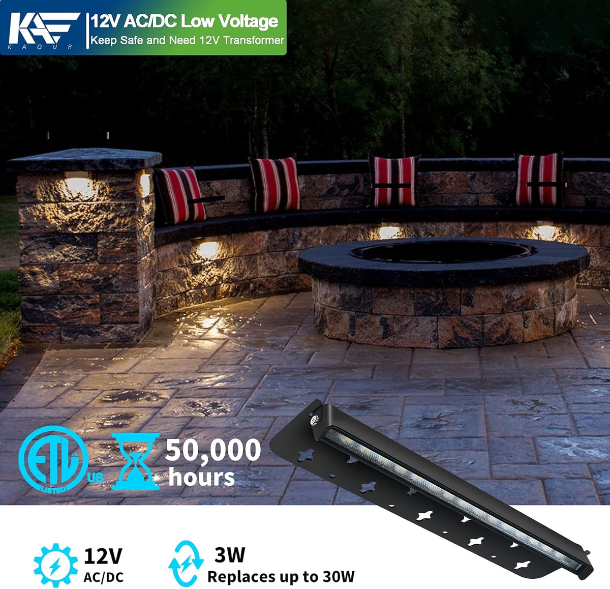 12 Inch 3W LED Integrated Hardscape Paver Lighting, 12V AC/DC Low Voltage Landscape Lights, IP65 Outdoor Step Light, 2700K Soft White, 8-Pack K9073