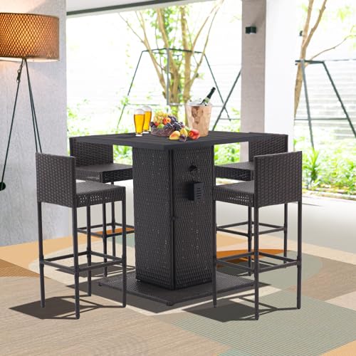 5-Piece Outdoor Wicker Bar Set with 4 Stools (Grey) I1553