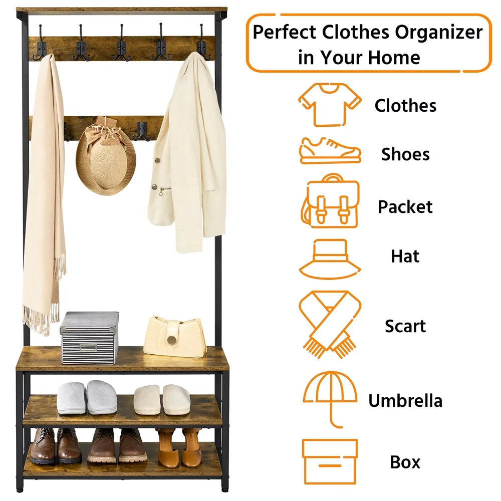 Industrial Entryway Hall Tree with Bench and Shoe Storage T3158