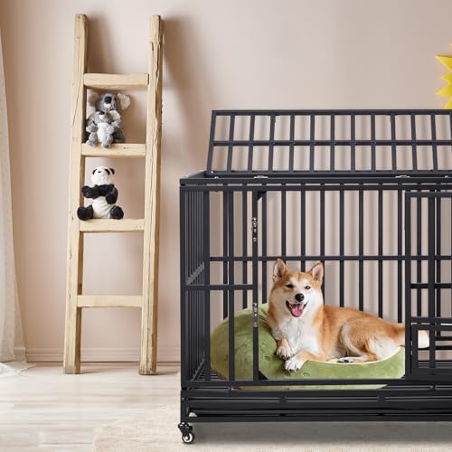 42" Large Metal Wire Dog Crate with Lockable Wheels, Double Door H4309