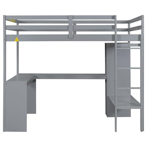 White Full Size Wood Loft Bed with Desk and Wardrobe J817
