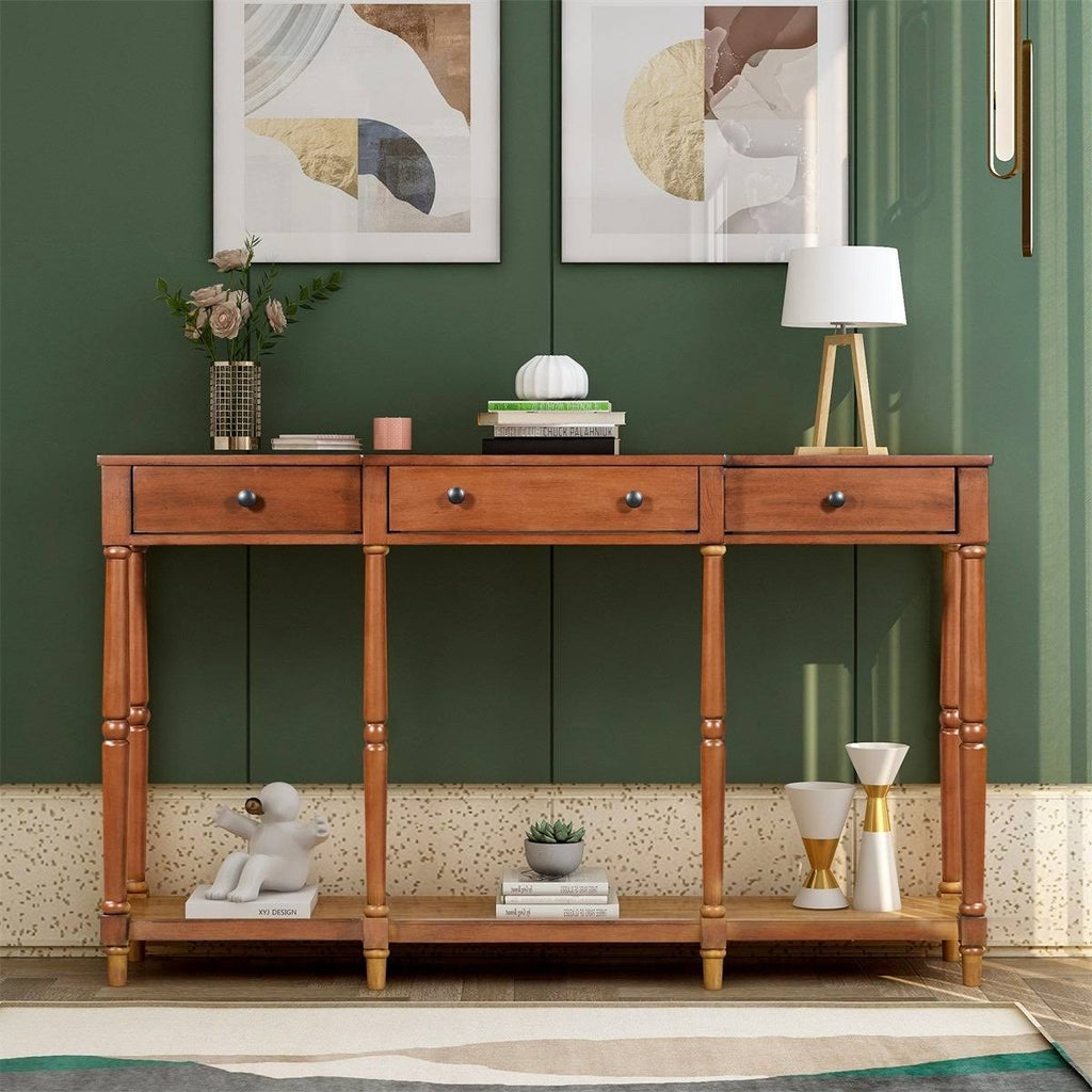 Antique Green Solid Wood Console Table with Storage Shelf and Drawer E9122
