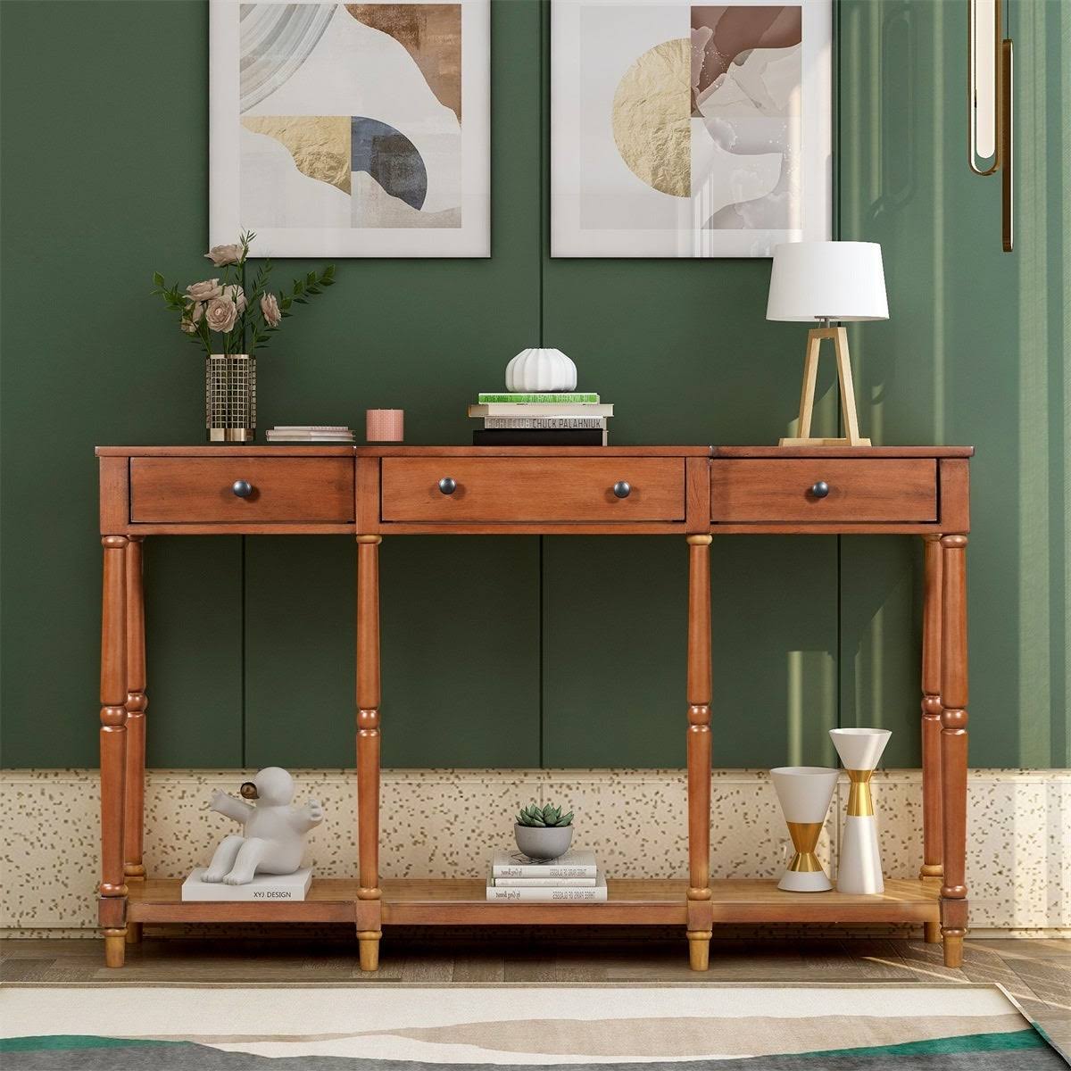 Antique Green Solid Wood Console Table with Storage Shelf and Drawer E9122