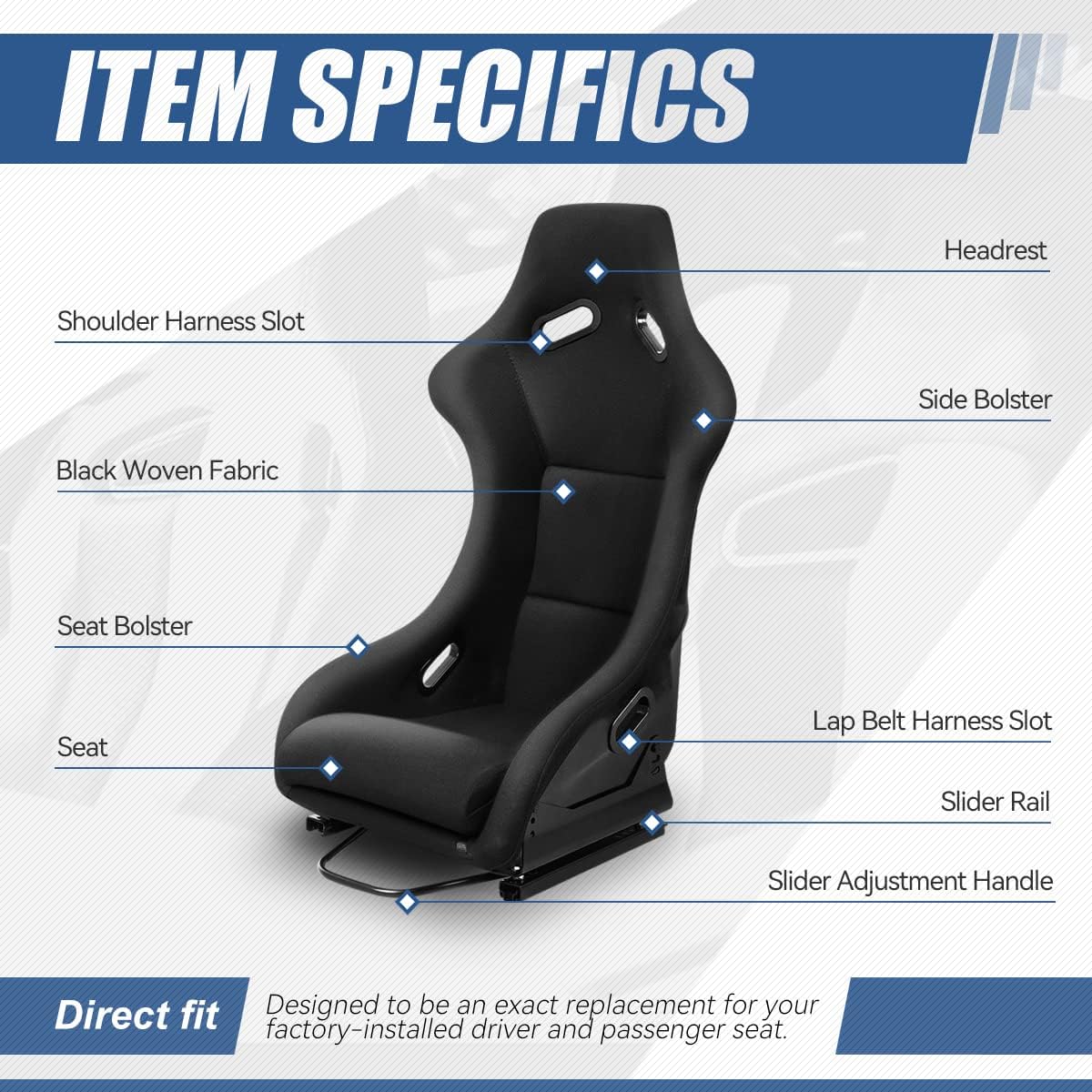 Black Fabric Bucket Racing Seats, Set of 2 P786