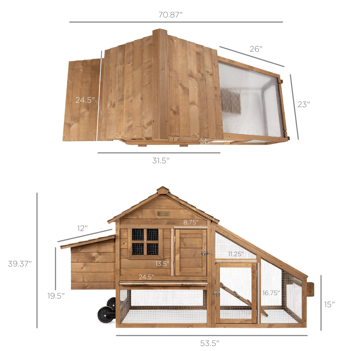 70in Mobile Fir Wood Chicken Coop with Wheels V17675
