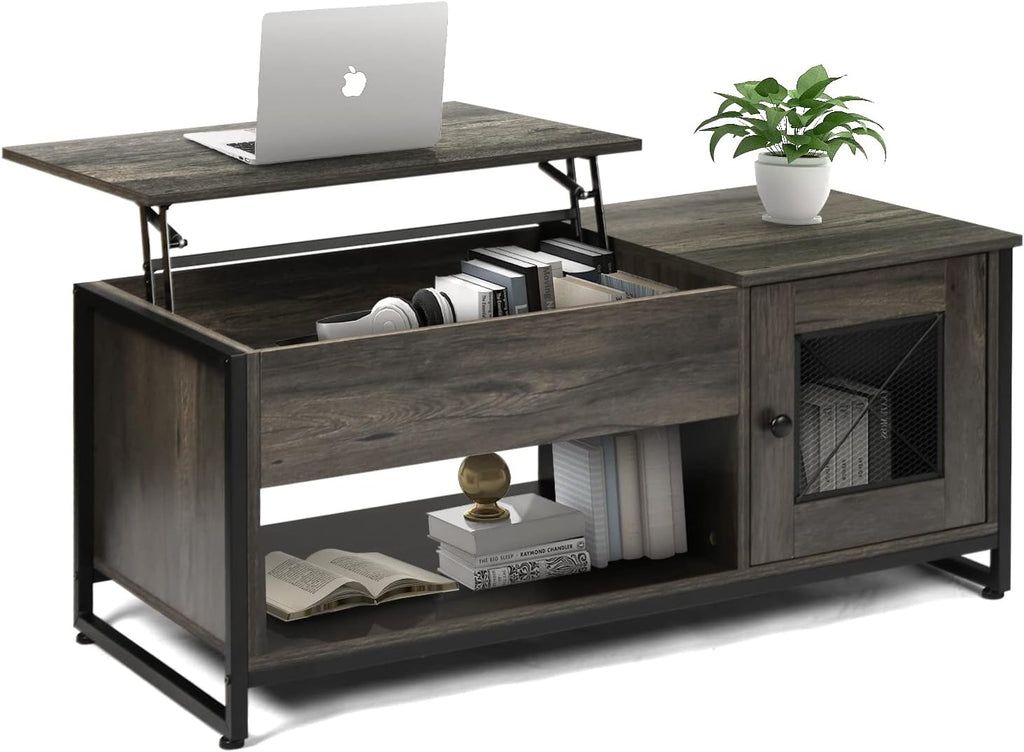 Industrial Lift Top Coffee Table with Metal Mesh Cabinet Door and Hidden Storage Compartment (Black Oak) J882