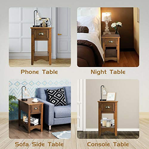 Retro Narrow End Table with Drawer and Storage Shelf (Walnut) N561048