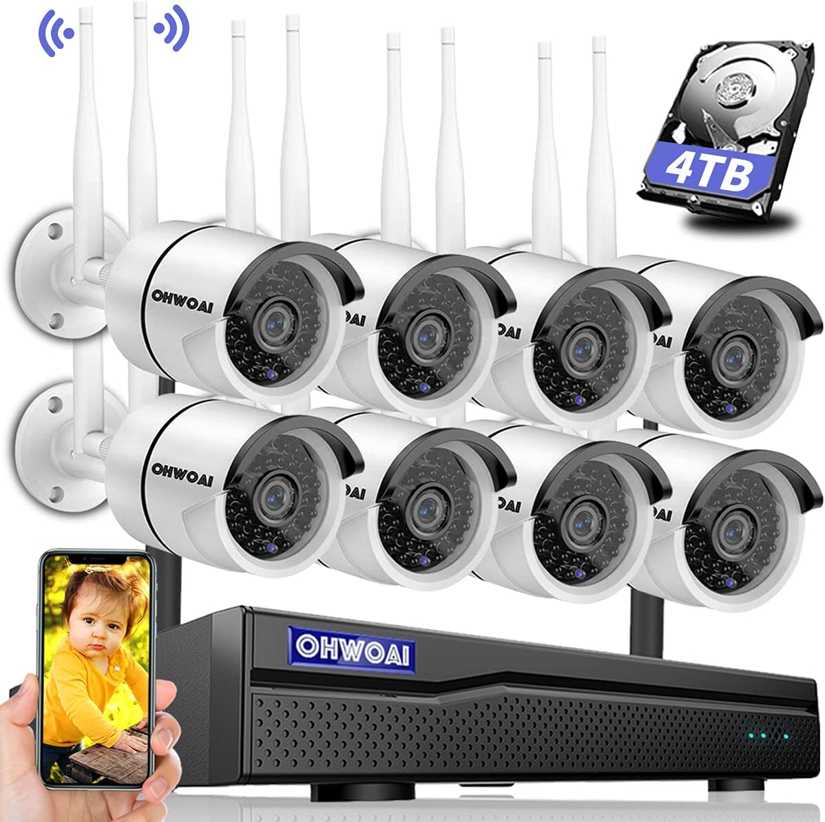Wireless 8 Channel 1080P NVR Security Camera System with 4TB Hard Drive and 8PCS 1080P IP Cameras H766