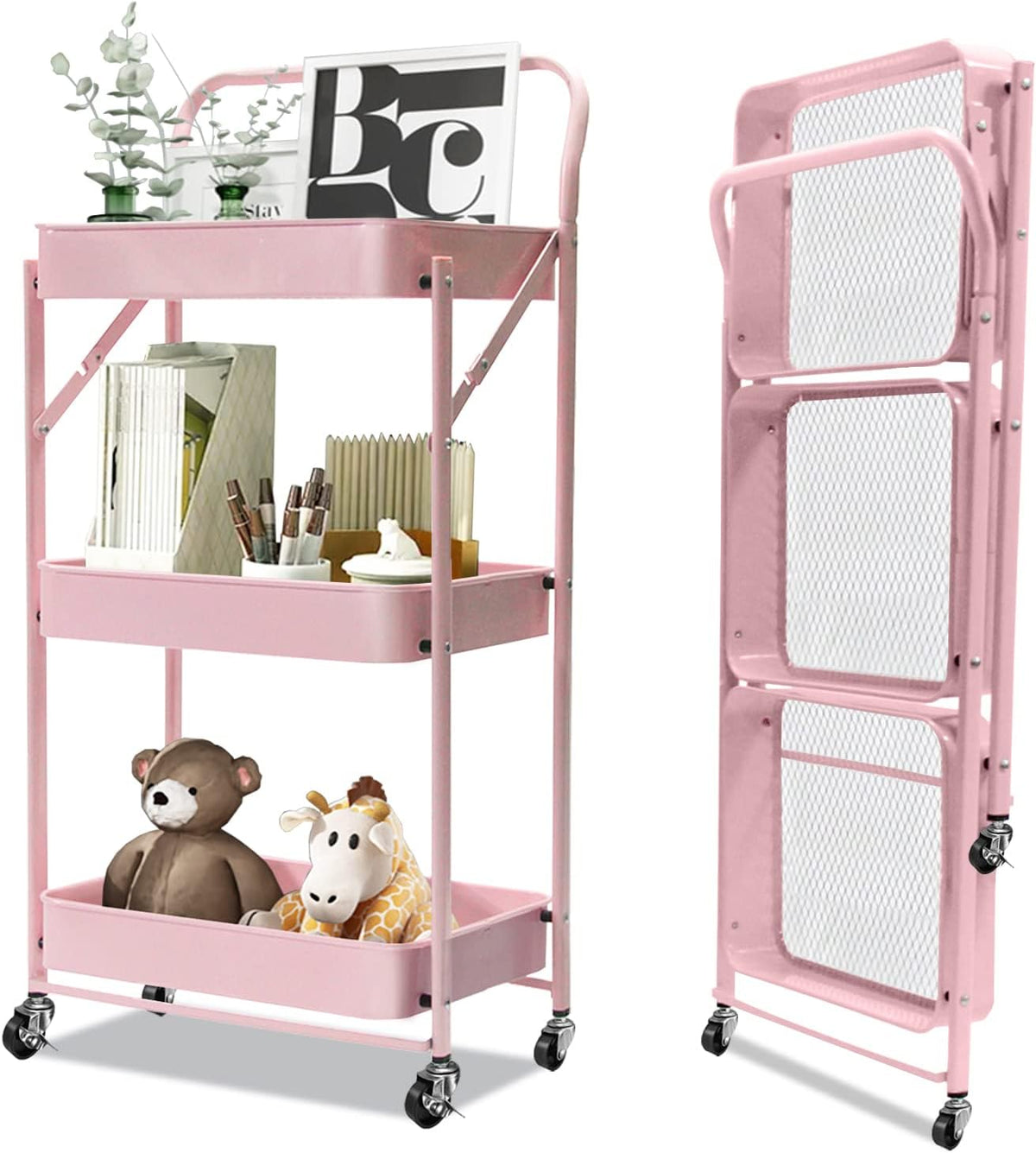 3-Tier Collapsible Rolling Utility Cart with Lockable Casters A144480