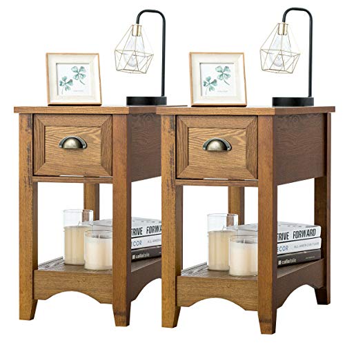 Retro Narrow End Table with Drawer and Storage Shelf (Walnut) N561048