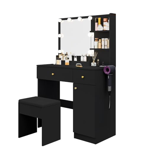 White Vanity Desk with Mirror and Lights Dimmable LED Makeup Table with Drawers Side Cabinet 3 Storage Shelves Power Outlet Dressing Table Set Include Holder Cushioned Stool G489