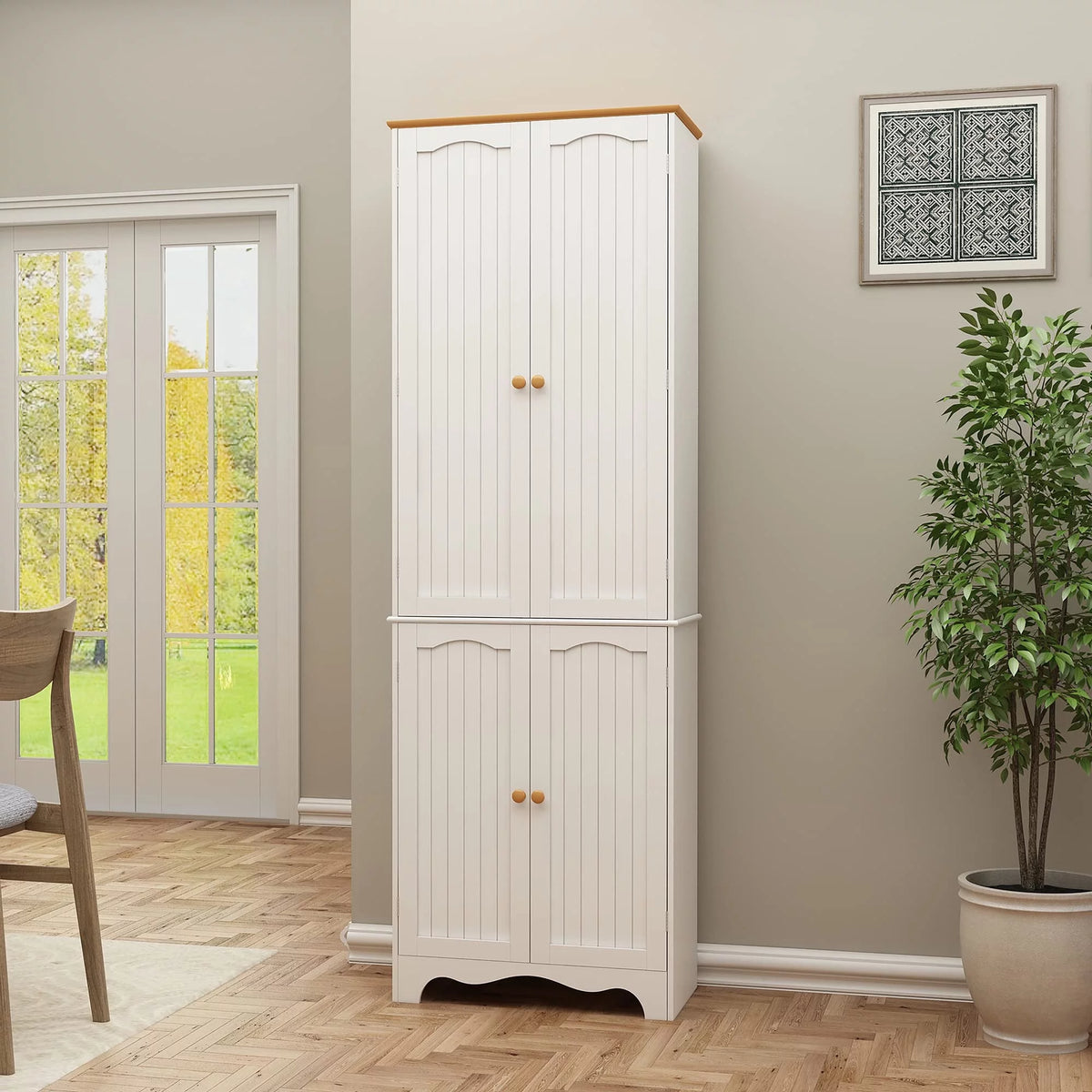 72'' Tall Kitchen Pantry Cabinet with 4 Doors and 2 Adjustable Shelf, White and Honey K659144