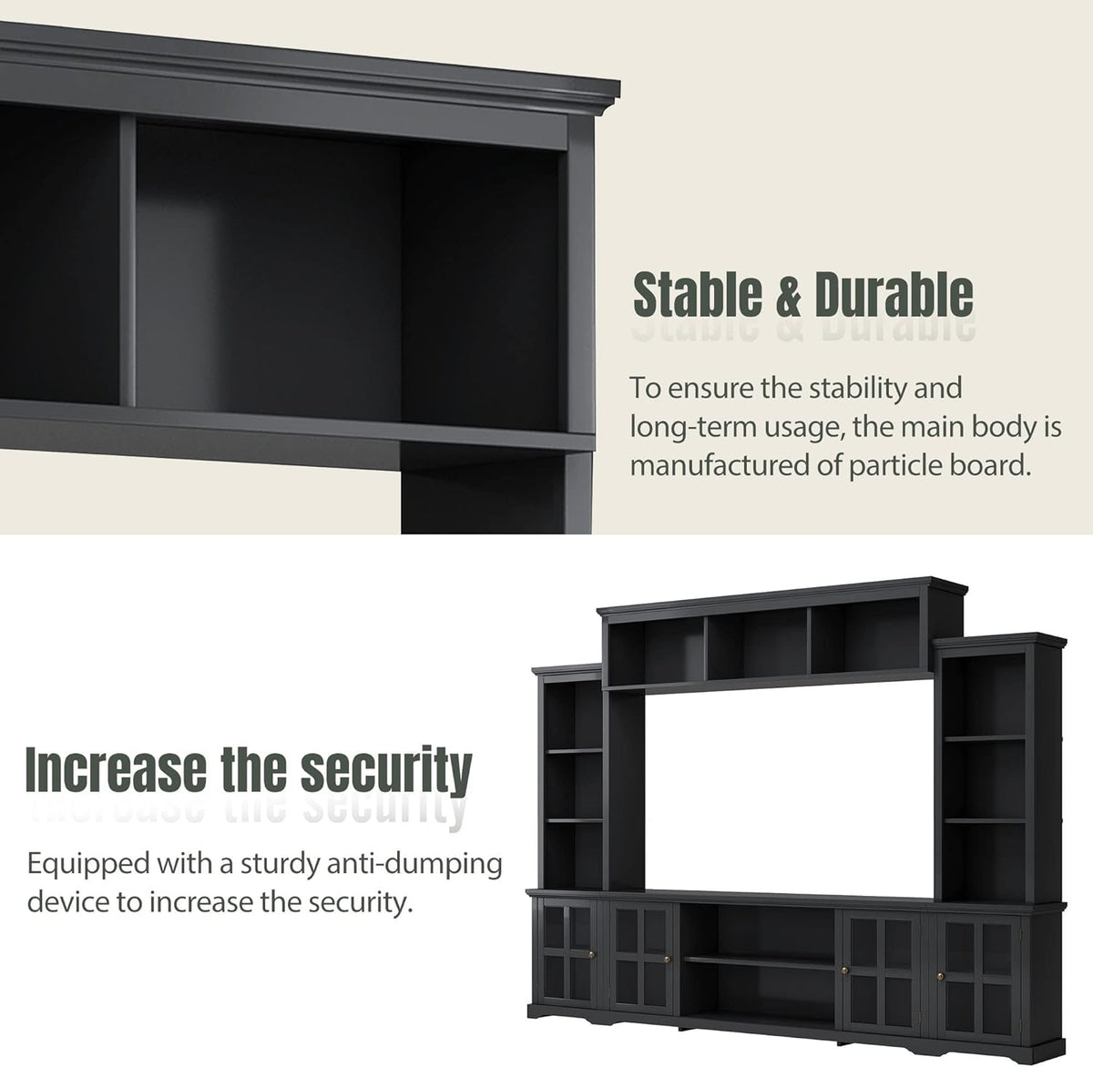 Black Entertainment Wall Unit with Glass Doors & Shelves E737183