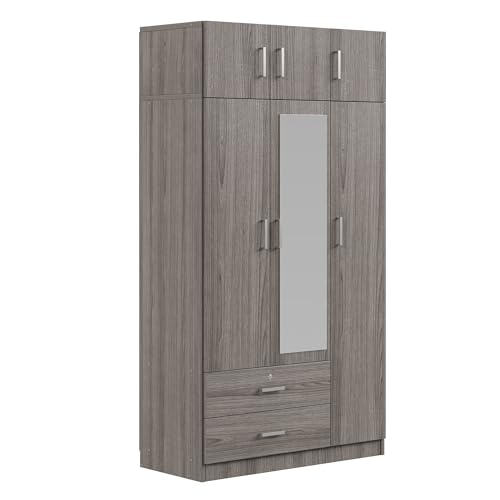 6-Door Wooden Armoire Wardrobe Closet with Mirror, 2 Drawers, 1 Hanging Rod V78798