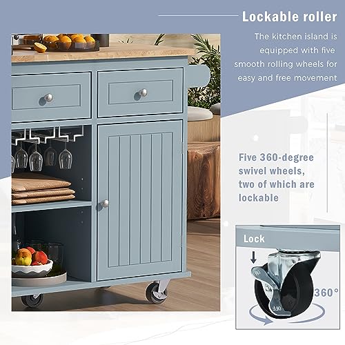 Wood Kitchen Island Cart with Locking Wheels and Wine Rack I65597