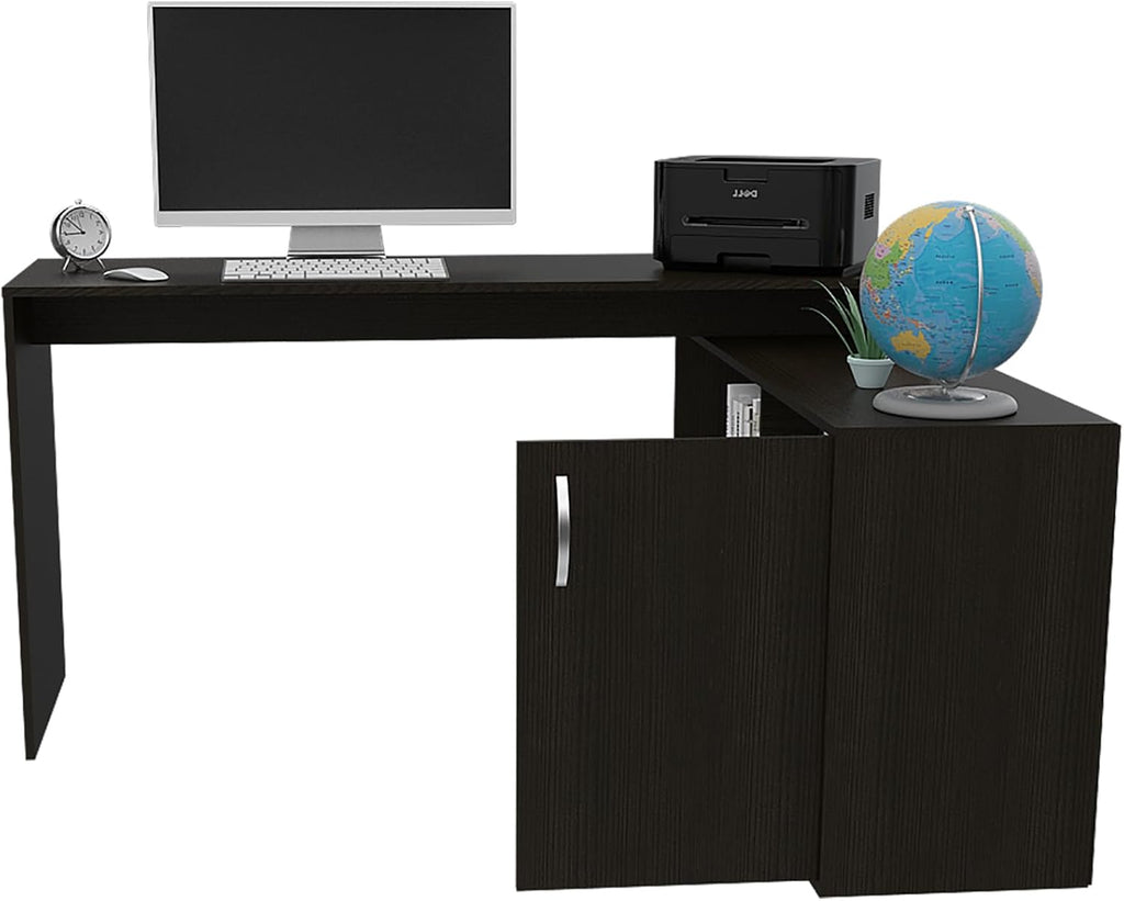 Black L Shaped Computer Desk with Drawers and Storage Cabinet Shelves, 55 Inch O658