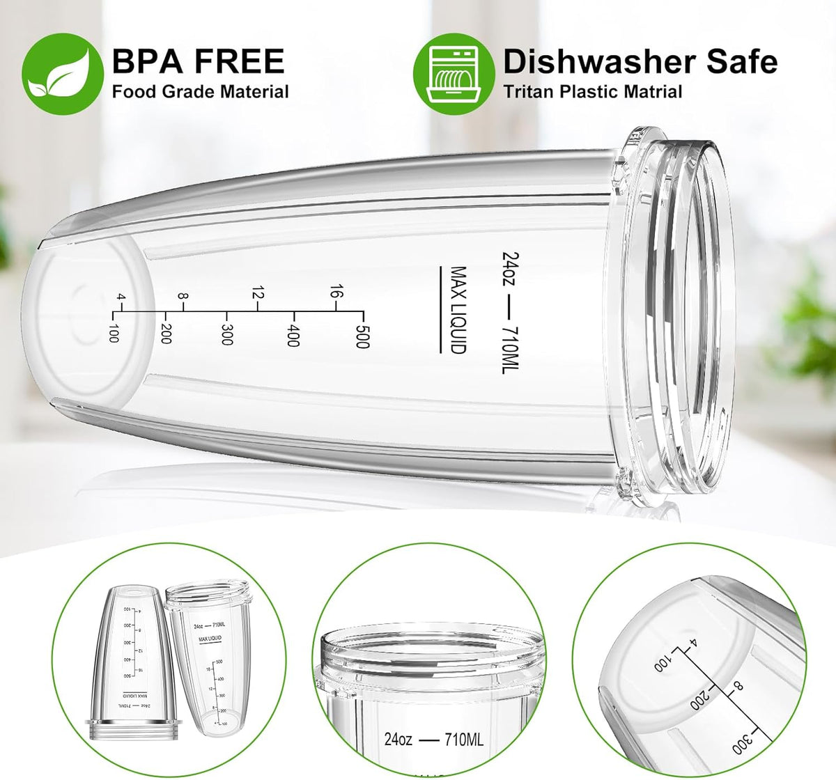 2 24oz Blender Cups with To-Go Lids and 7-Fins Extractor Blade J4606