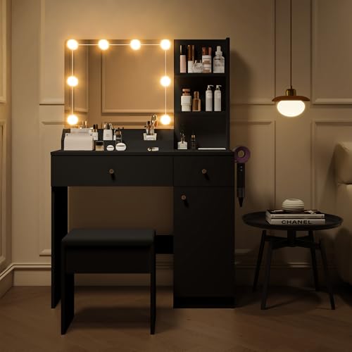 White Vanity Desk with Mirror and Lights Dimmable LED Makeup Table with Drawers Side Cabinet 3 Storage Shelves Power Outlet Dressing Table Set Include Holder Cushioned Stool G489