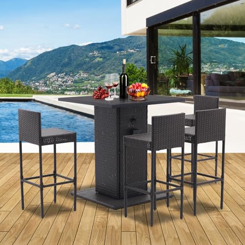 5-Piece Outdoor Wicker Bar Set with 4 Stools (Grey) I1553