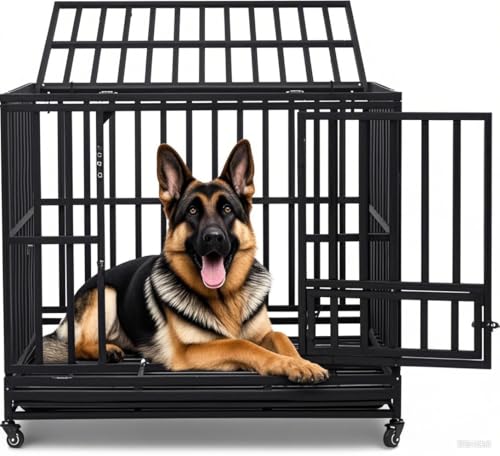 42" Large Metal Wire Dog Crate with Lockable Wheels, Double Door H4309