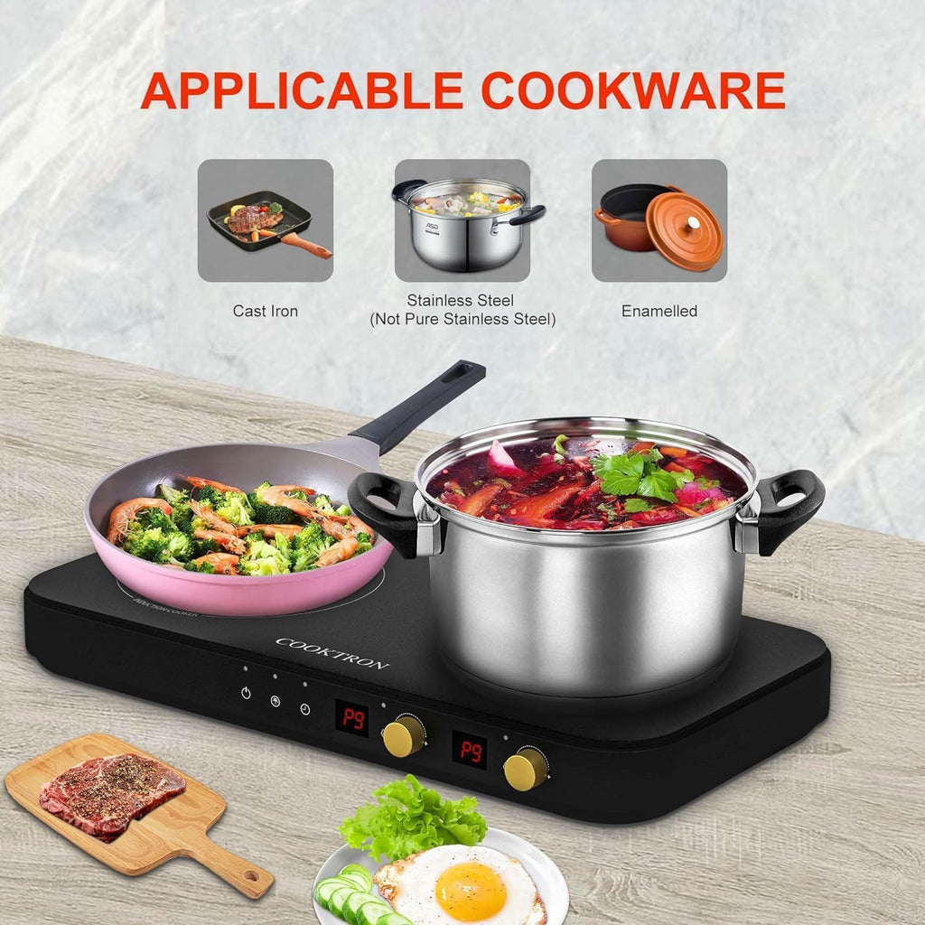Induction Cooktop 2 Burner with Removable Iron Cast Griddle Pan Non-stick S951