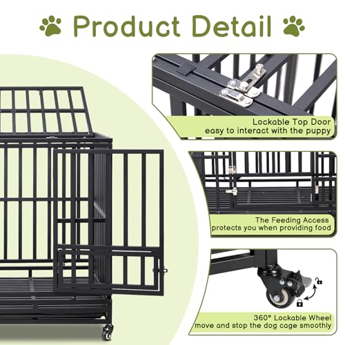 42" Large Metal Wire Dog Crate with Lockable Wheels, Double Door H4309
