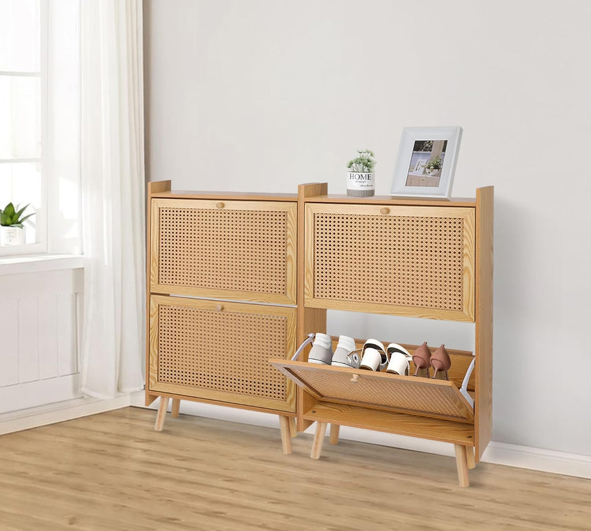 Brown Wooden Shoe Storage Cabinet with 2 Flip Drawers Rattan L738016