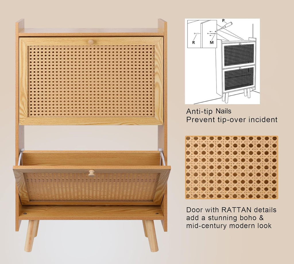 Brown Wooden Shoe Storage Cabinet with 2 Flip Drawers Rattan L738016