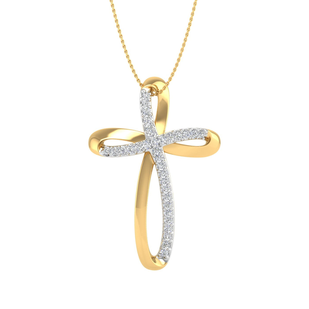 18K Yellow Gold over Sterling Silver Round Diamond Cross Pendant Necklace Y82759
