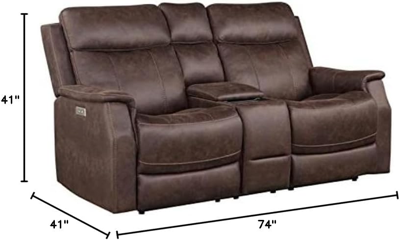 Faux Leather Dual Power Reclining Console Loveseat in Mahogany K854