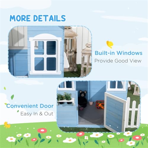 Wooden Playhouse with Bench, Door, 2 Windows, Shelf & Flowerpot Holder N778