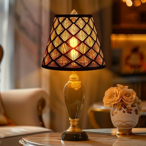 Metal Small Lamp Shade Etched Arrows 5" Top X 9" Bottom X 7" High Black Outside Gold Inside P7196