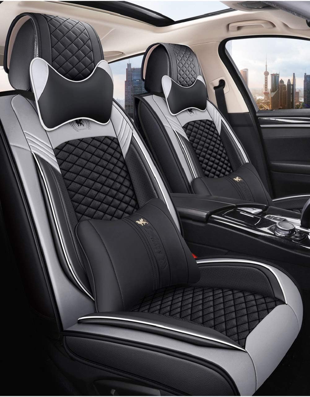 Leather Car Seat Covers 5 Seats Full Set Black Pink L358335