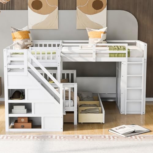 Espresso Wood Twin-Over-Full Triple Bunk Beds with Stairs, Desk, Wardrobe, Storage, Shelves and Drawers R891