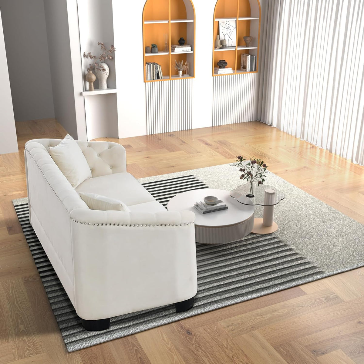 Beige Velvet 3-Seater Sofa with 2 Pillows E481