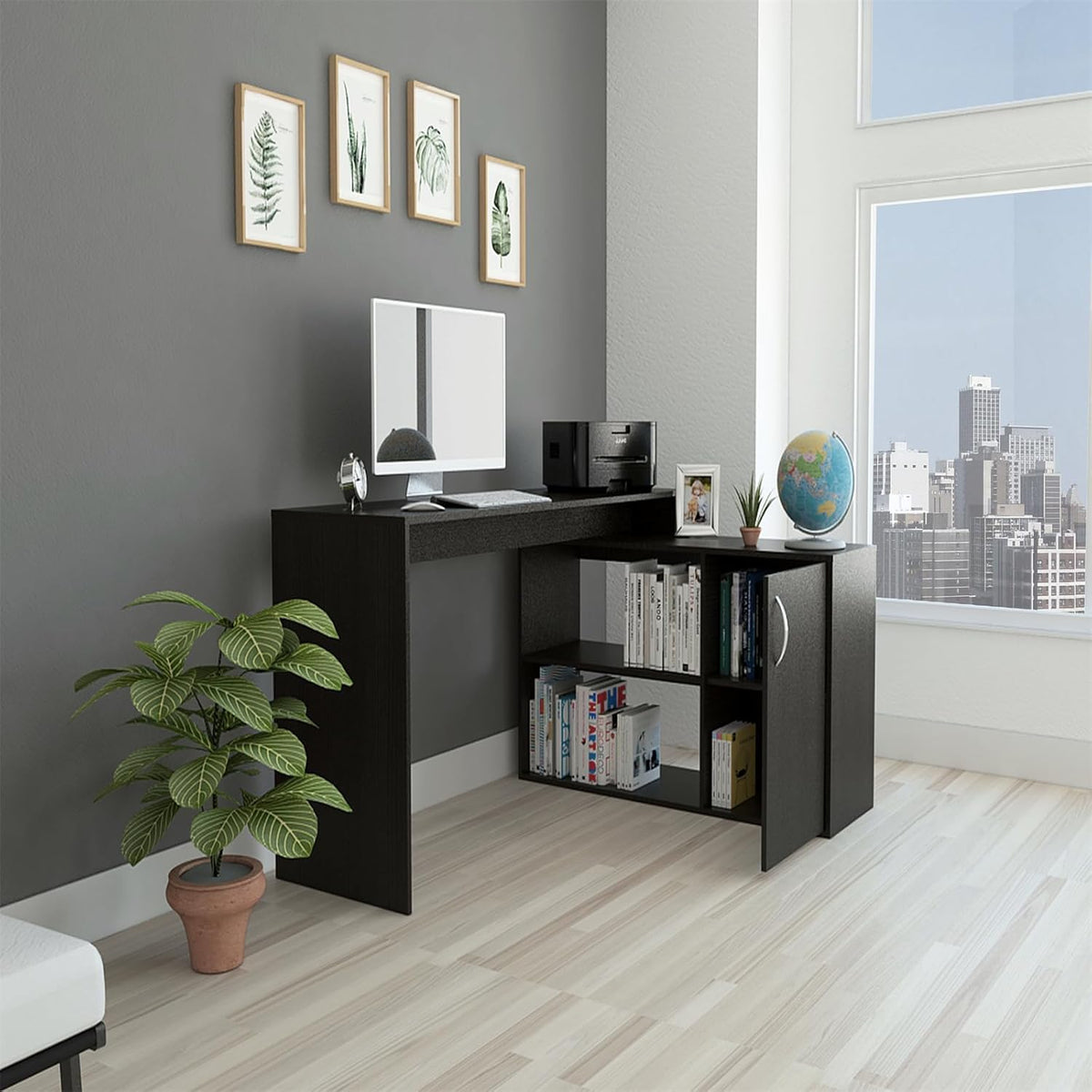 Black L Shaped Computer Desk with Drawers and Storage Cabinet Shelves, 55 Inch O658