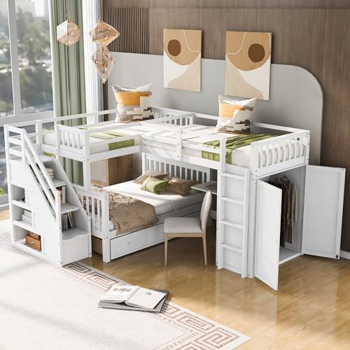Espresso Wood Twin-Over-Full Triple Bunk Beds with Stairs, Desk, Wardrobe, Storage, Shelves and Drawers R891