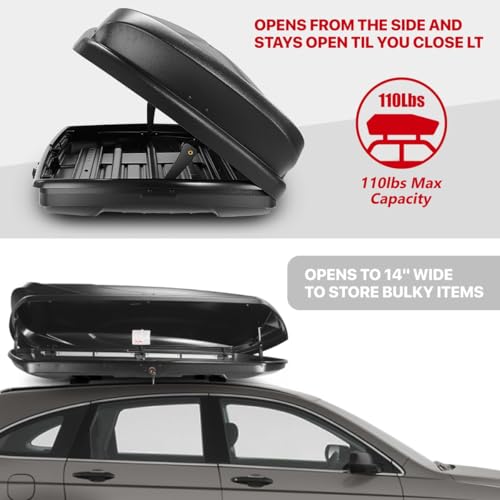 Rooftop Cargo Box Carrier Car Top Storage Case, 110 Lbs, 53" L x 34" W x 15" H, 11 17 Cubic Ft., Textured Black Q85620
