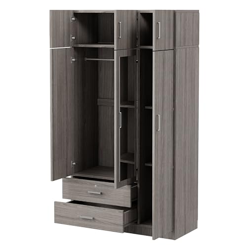 6-Door Wooden Armoire Wardrobe Closet with Mirror, 2 Drawers, 1 Hanging Rod V78798