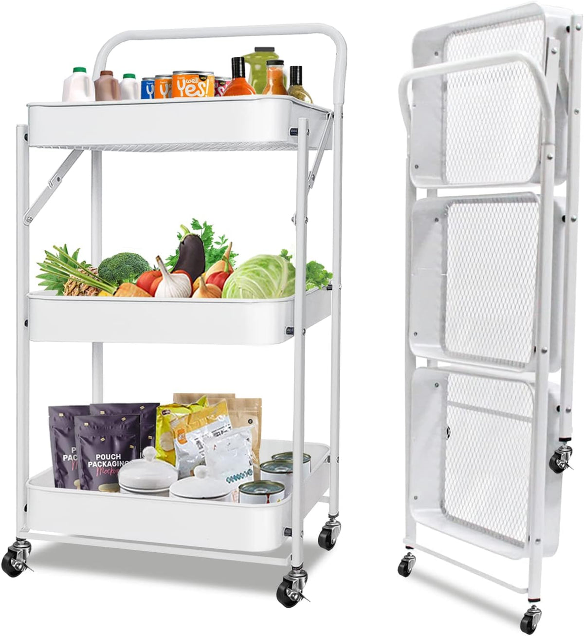 3-Tier Collapsible Rolling Utility Cart with Lockable Casters A144480