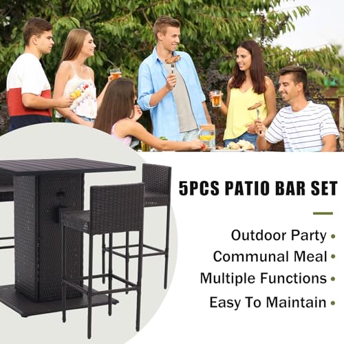 5-Piece Outdoor Wicker Bar Set with 4 Stools (Grey) I1553