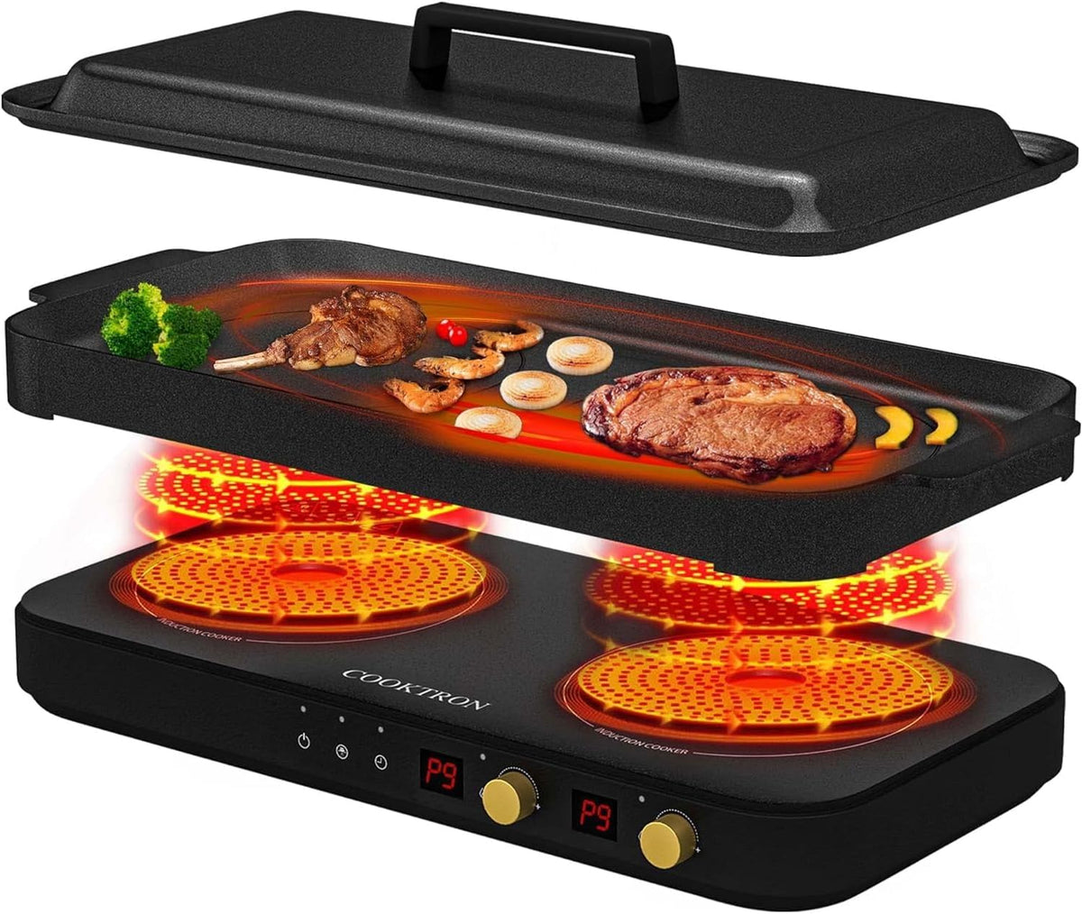Induction Cooktop 2 Burner with Removable Iron Cast Griddle Pan Non-stick S951