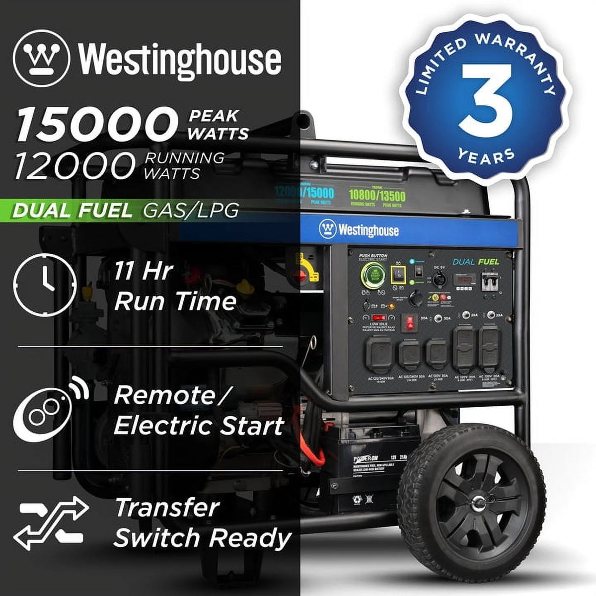 15,000 Peak Watt Dual Fuel Portable Generator R158
