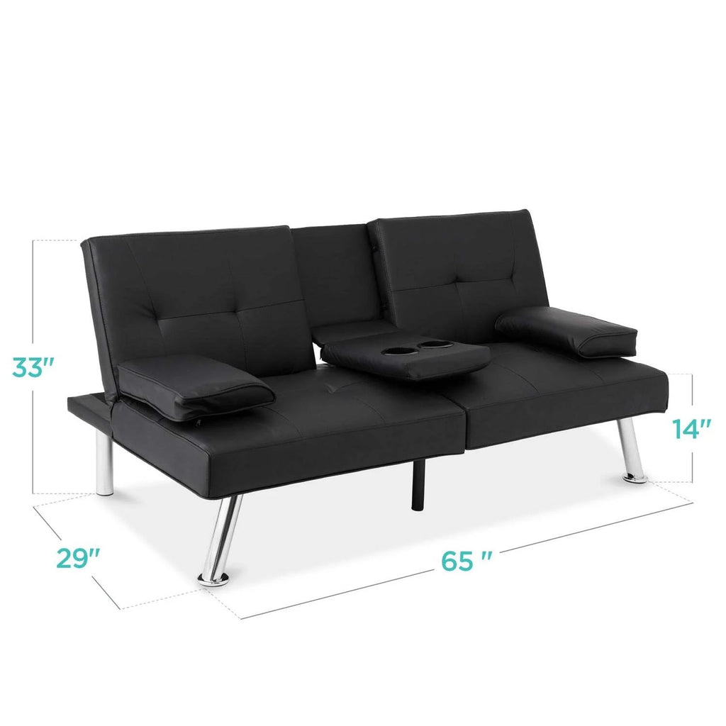 Black Faux Leather Convertible Sofa Futon with 2 Cup Holders G95927