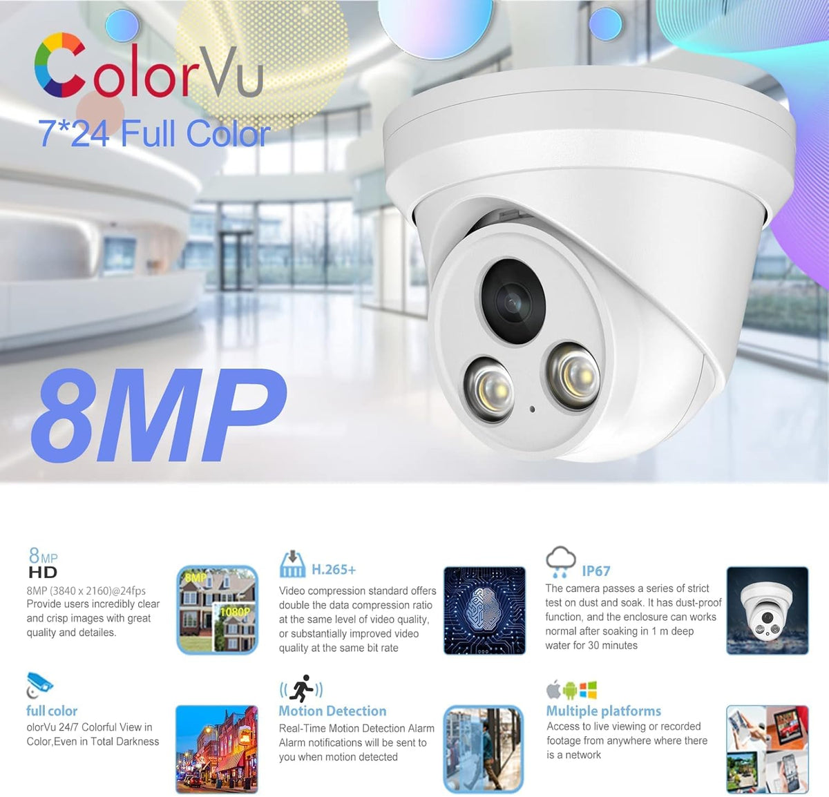 4K Full Color Night Vision 8MP POE Dome IP Camera P410363