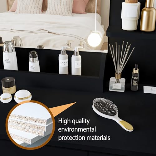 White Vanity Desk with Mirror and Lights Dimmable LED Makeup Table with Drawers Side Cabinet 3 Storage Shelves Power Outlet Dressing Table Set Include Holder Cushioned Stool G489