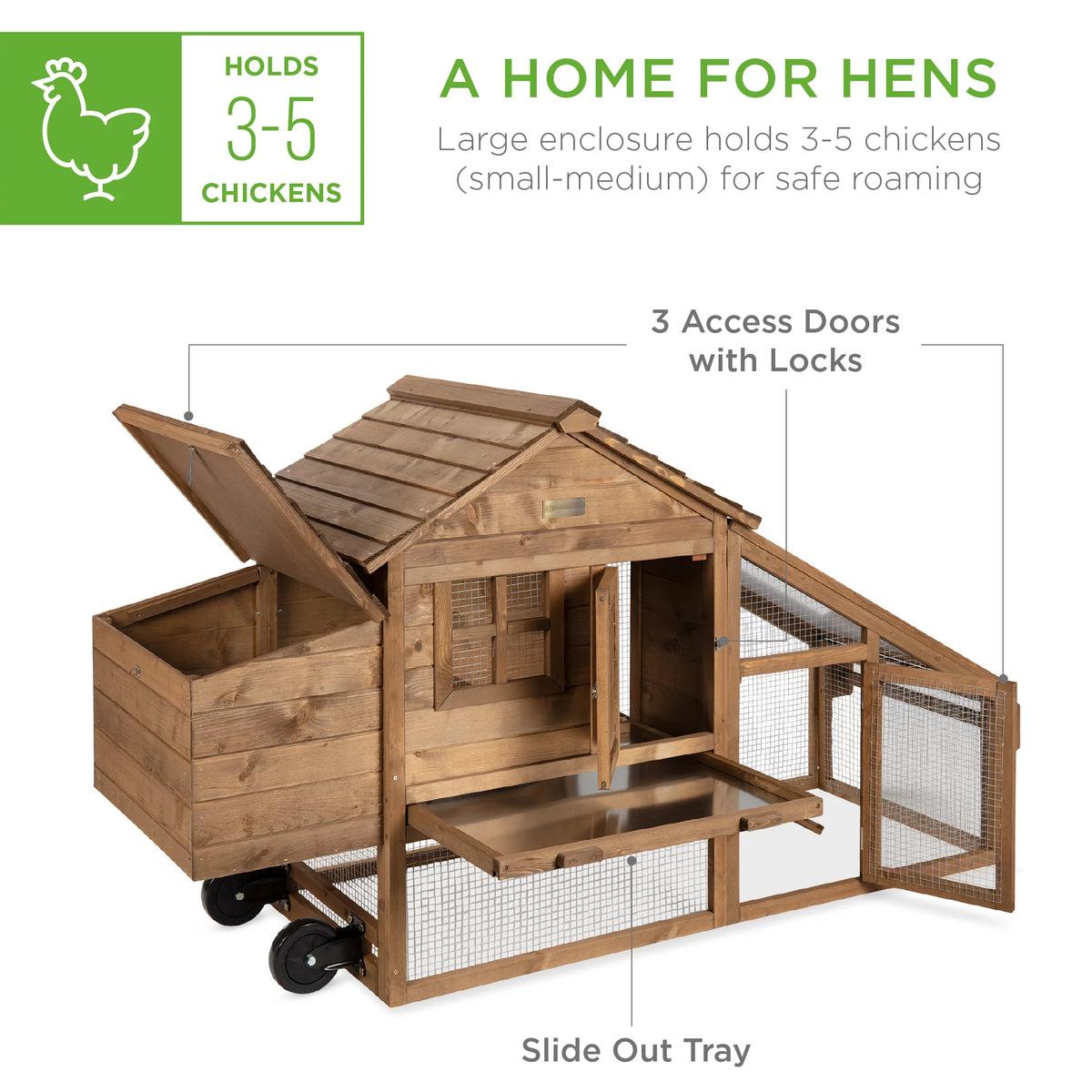 70in Mobile Fir Wood Chicken Coop with Wheels V17675