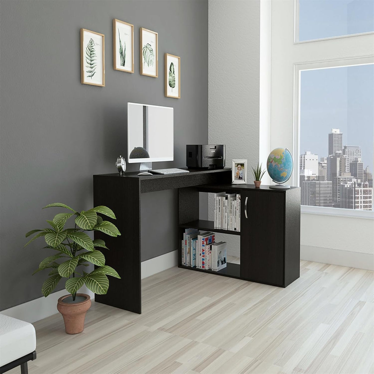 Black L Shaped Computer Desk with Drawers and Storage Cabinet Shelves, 55 Inch O658