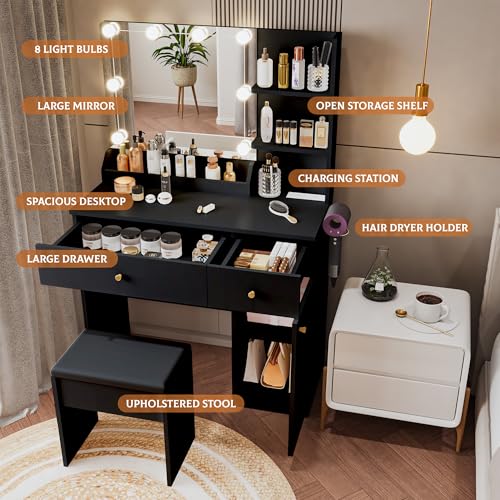 White Vanity Desk with Mirror and Lights Dimmable LED Makeup Table with Drawers Side Cabinet 3 Storage Shelves Power Outlet Dressing Table Set Include Holder Cushioned Stool G489
