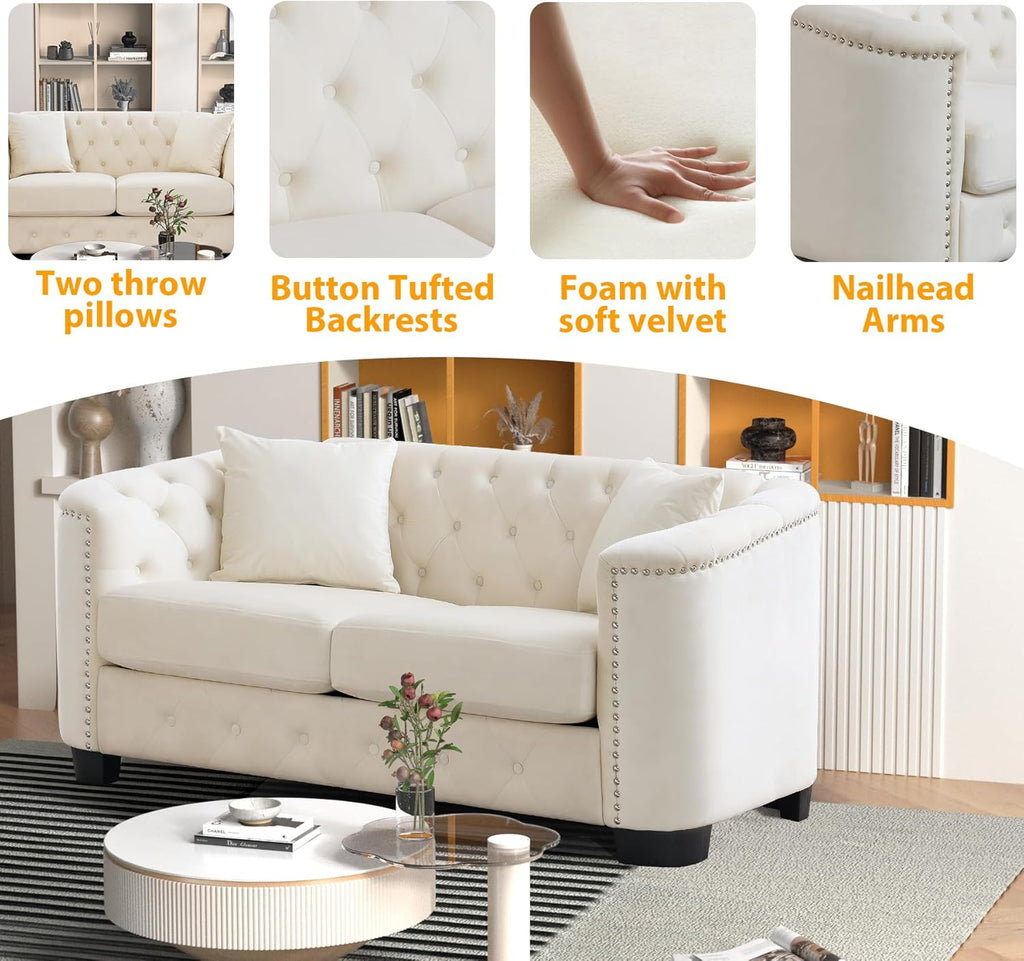 Beige Velvet 3-Seater Sofa with 2 Pillows E481